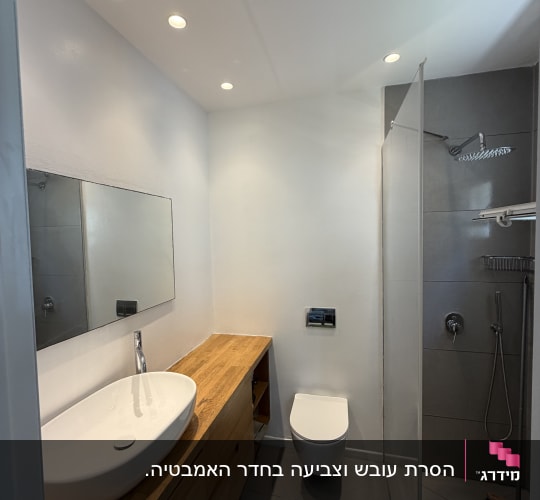 חדר אמבטיה עם כיור, שירותים ומקלחת